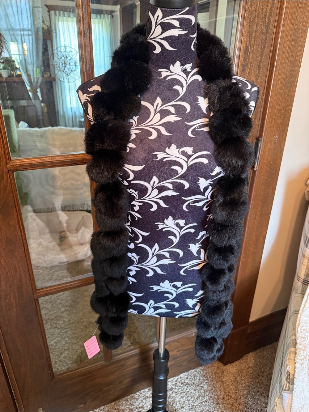 Black Rabbit Fur Pom-Pom Scarf - Women's Luxe Wrap